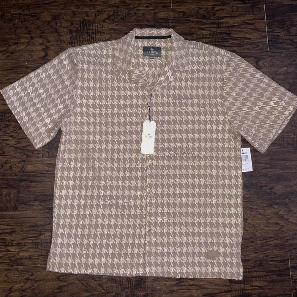 Men's Saints Beige Houndstooth button down Shirt